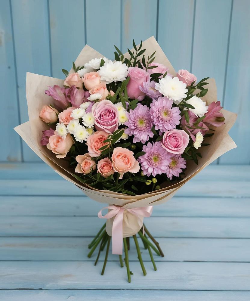 Букет цветов из: Хризантемы, Розы и Альстромерии в Комсомольское Чувашия