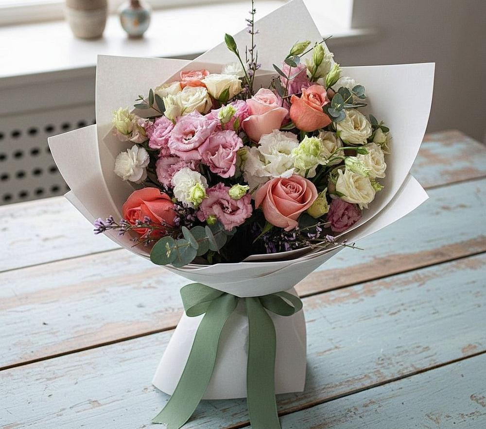 Букет цветов из: Розы, Лизиантусы и Гвоздики в Комсомольское Чувашия