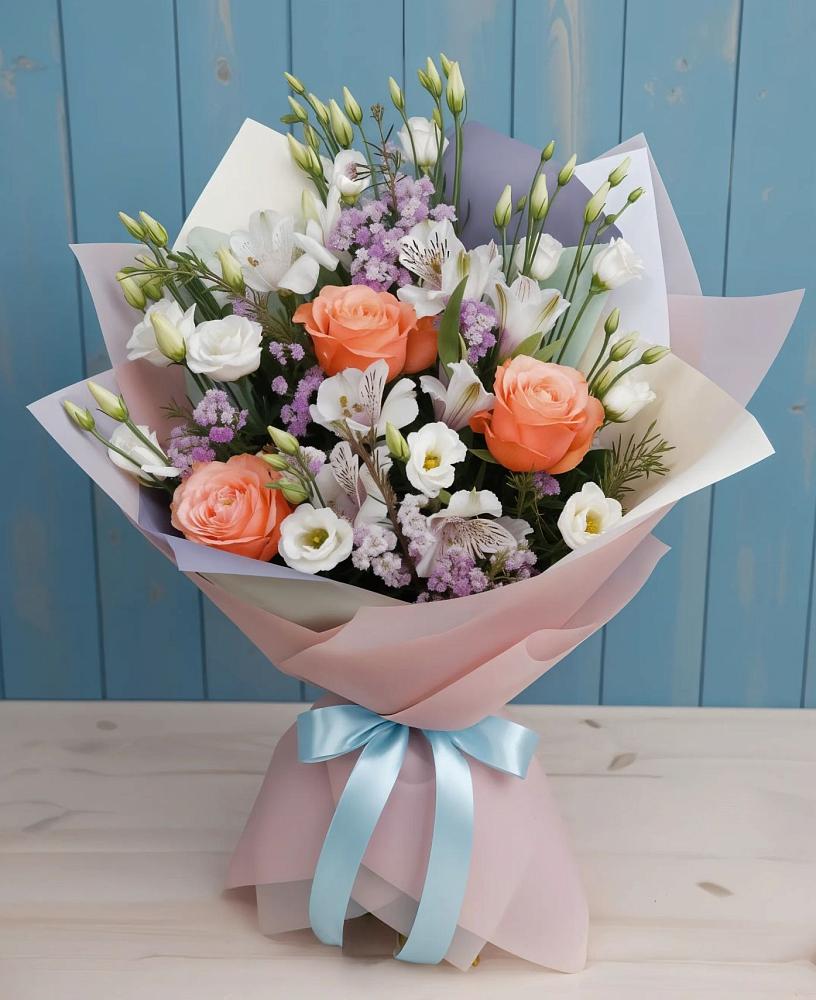 Букет цветов из: Лизиантусы, Розы, Альстромерии и Гипсофила в Комсомольское Чувашия