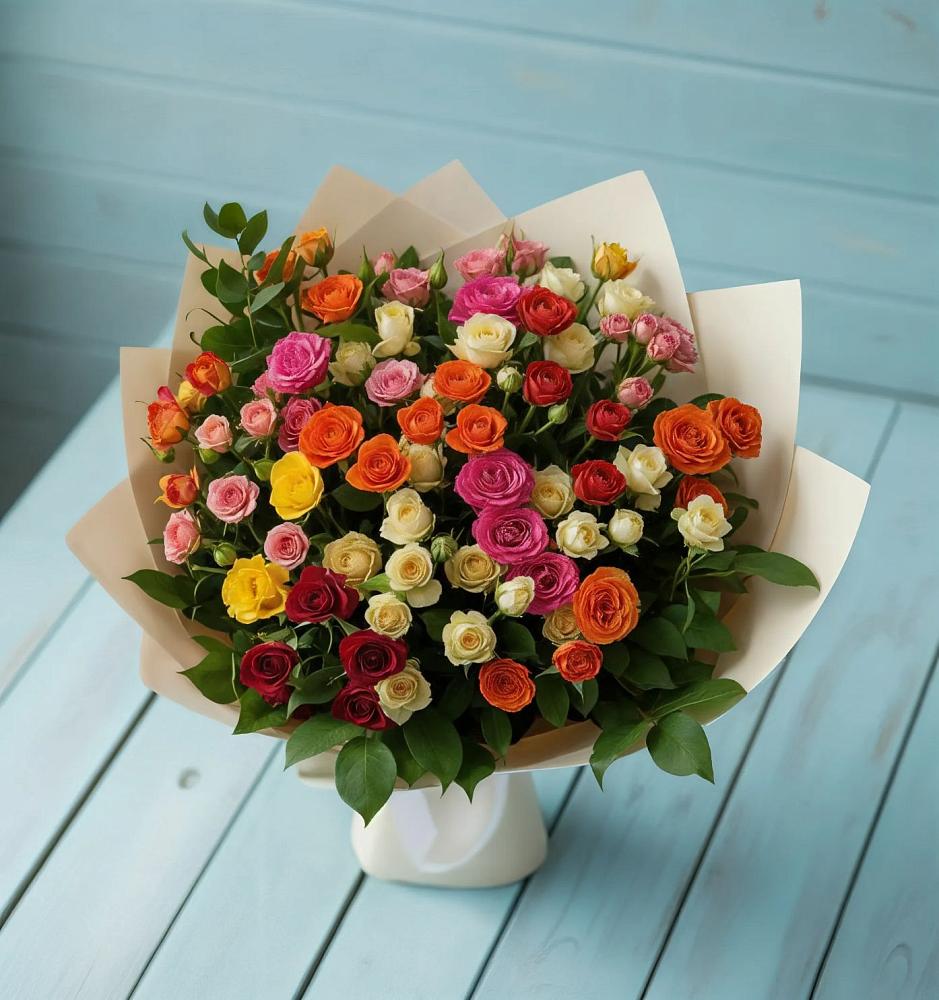 Букет Микс из разноцветных кустовых роз в Комсомольское Чувашия