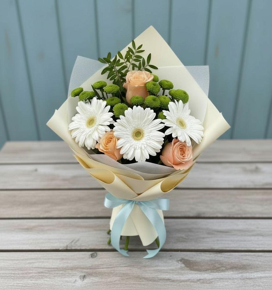 Букет цветов из: Герберы, Розы и Хризантемы в Комсомольское Чувашия