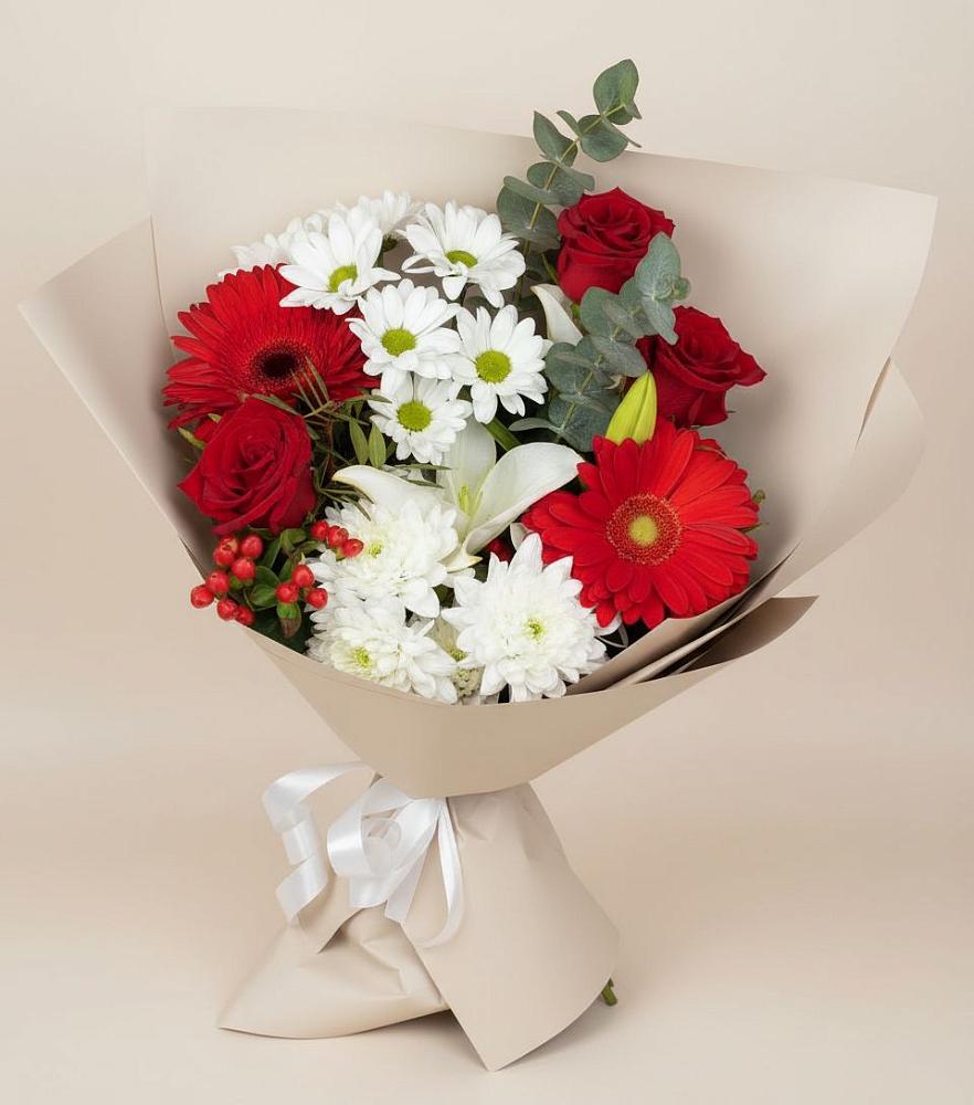 Букет цветов из: Розы, Хризантемы, Герберы и Лилии в Комсомольское Чувашия