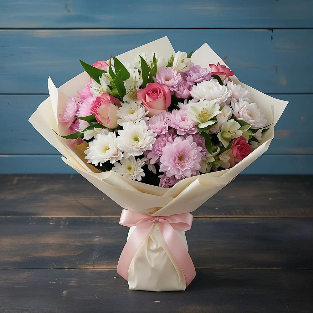 Букет цветов из: Хризантемы, Альстромерии и Розы в Комсомольское Чувашия